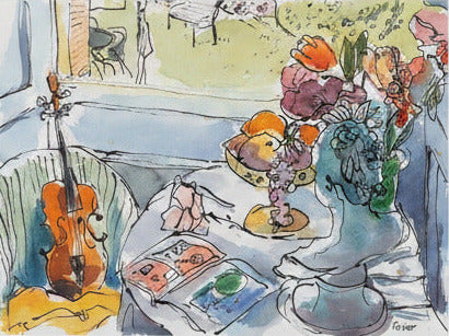 Colorful painting of a still life scene with flowers, violin, and other objects on a table.