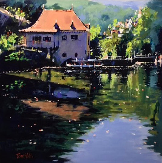 Landscape painting - oil on board by Tom Watt, featuring a landscape of E, 79x79cm.luse St Circle, Lapopie in France