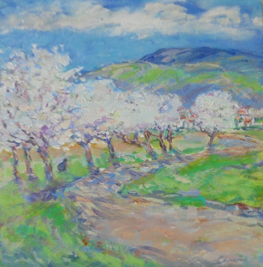 an impressionist painting of blossom Trees with a windy path and hills