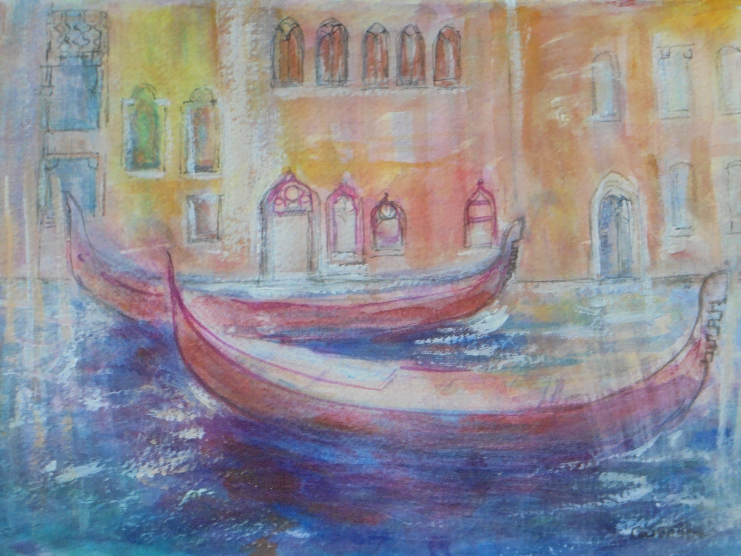 a colourful watercolour of two gondolas in Venice