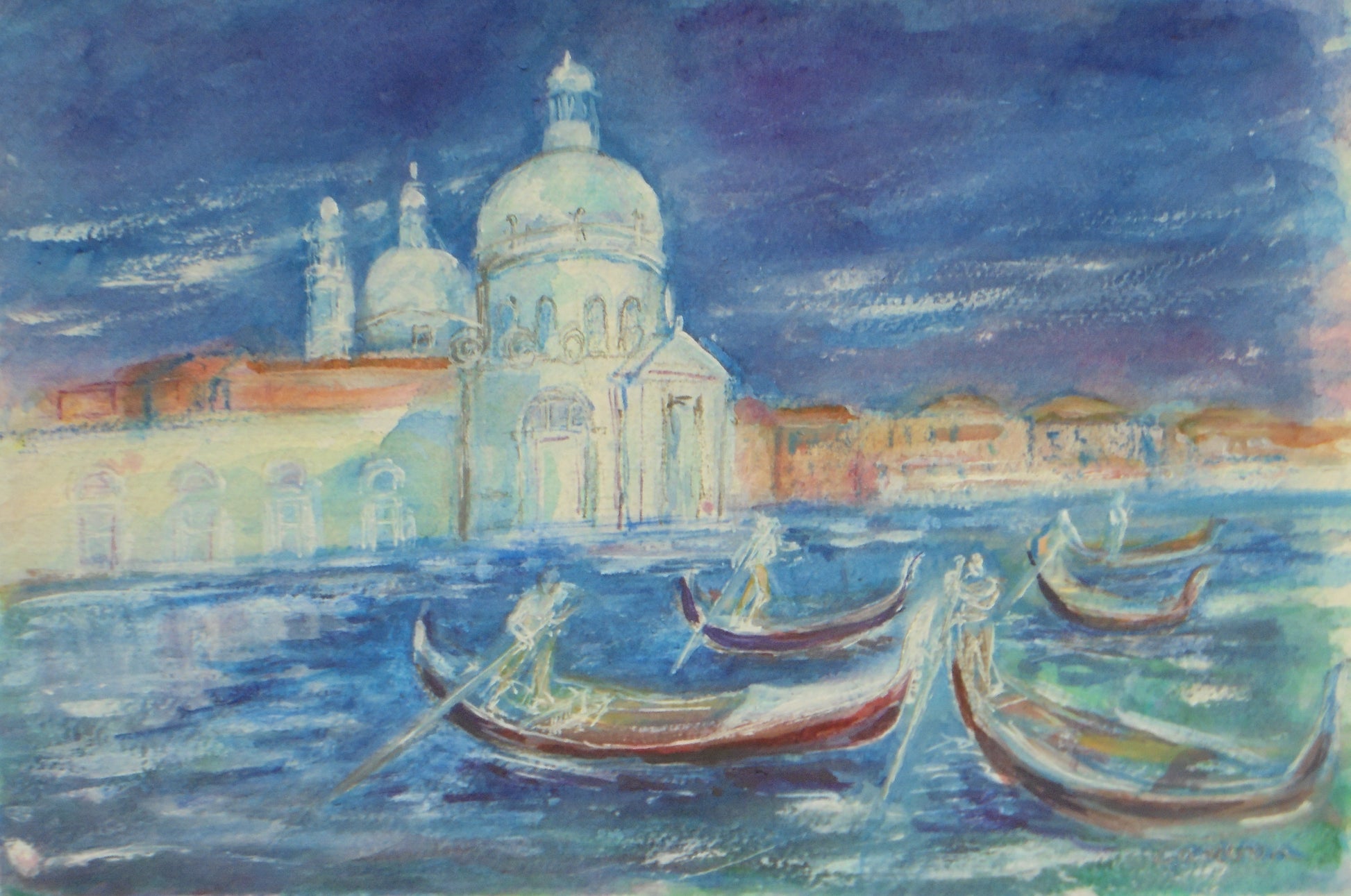 a painting of gondolas with a beautiful old building in the background