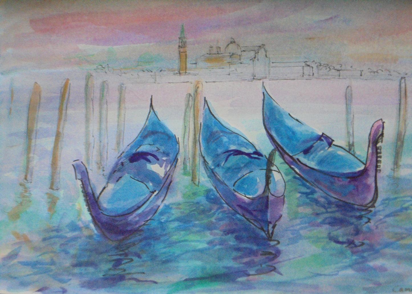 Watercolor painting of three gondolas on a canal with a cityscape in the background.