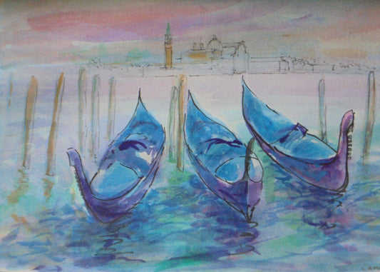 Watercolor painting of three gondolas on a canal with a cityscape in the background.