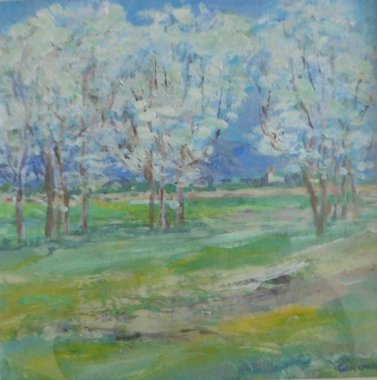 an impressionist painting of blossom trees in France