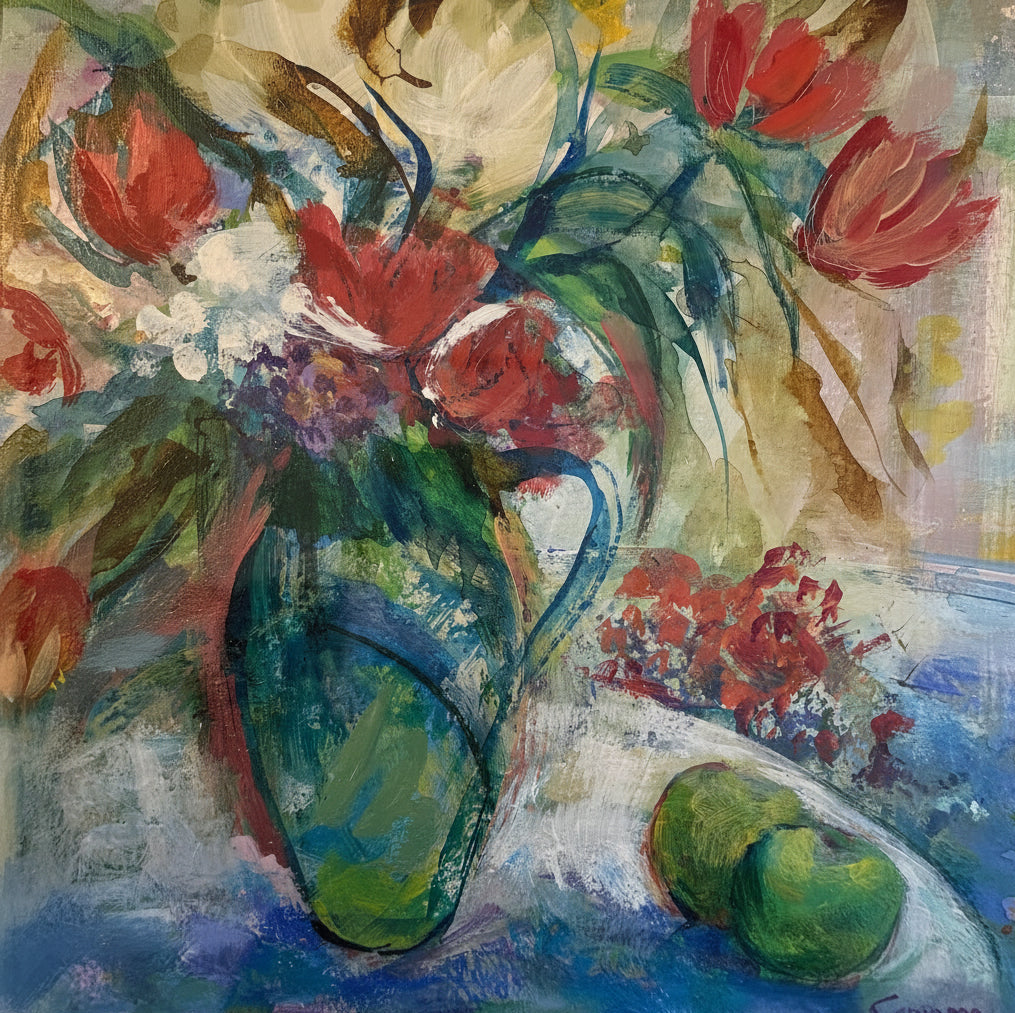 Colorful painting of flowers and a vase on a table