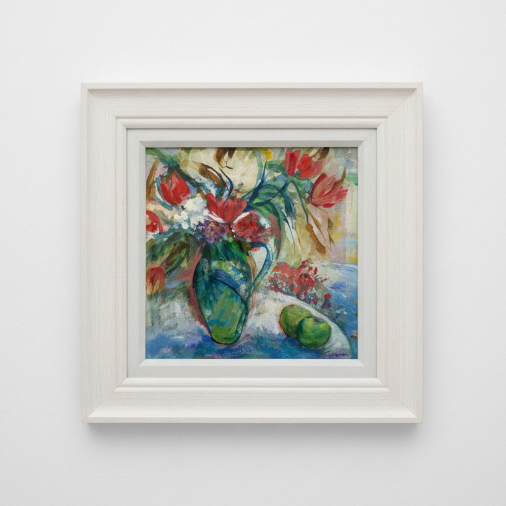 Framed painting of a colorful still life with flowers and a vase on a white wall.