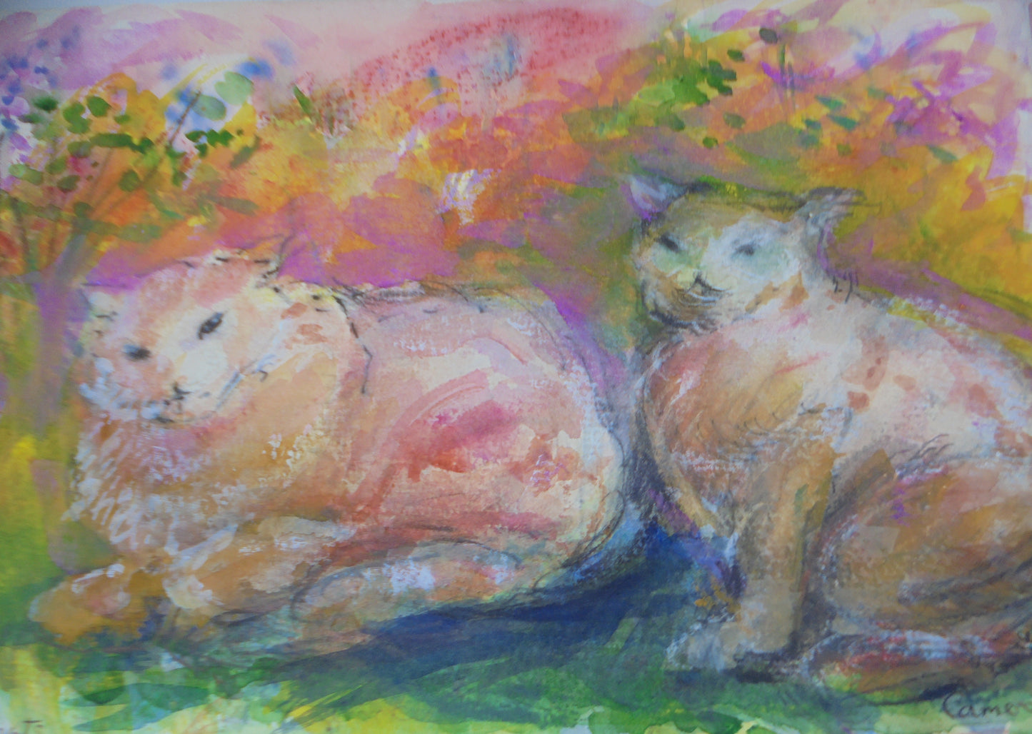 Two cats sitting together in a colorful, abstract setting