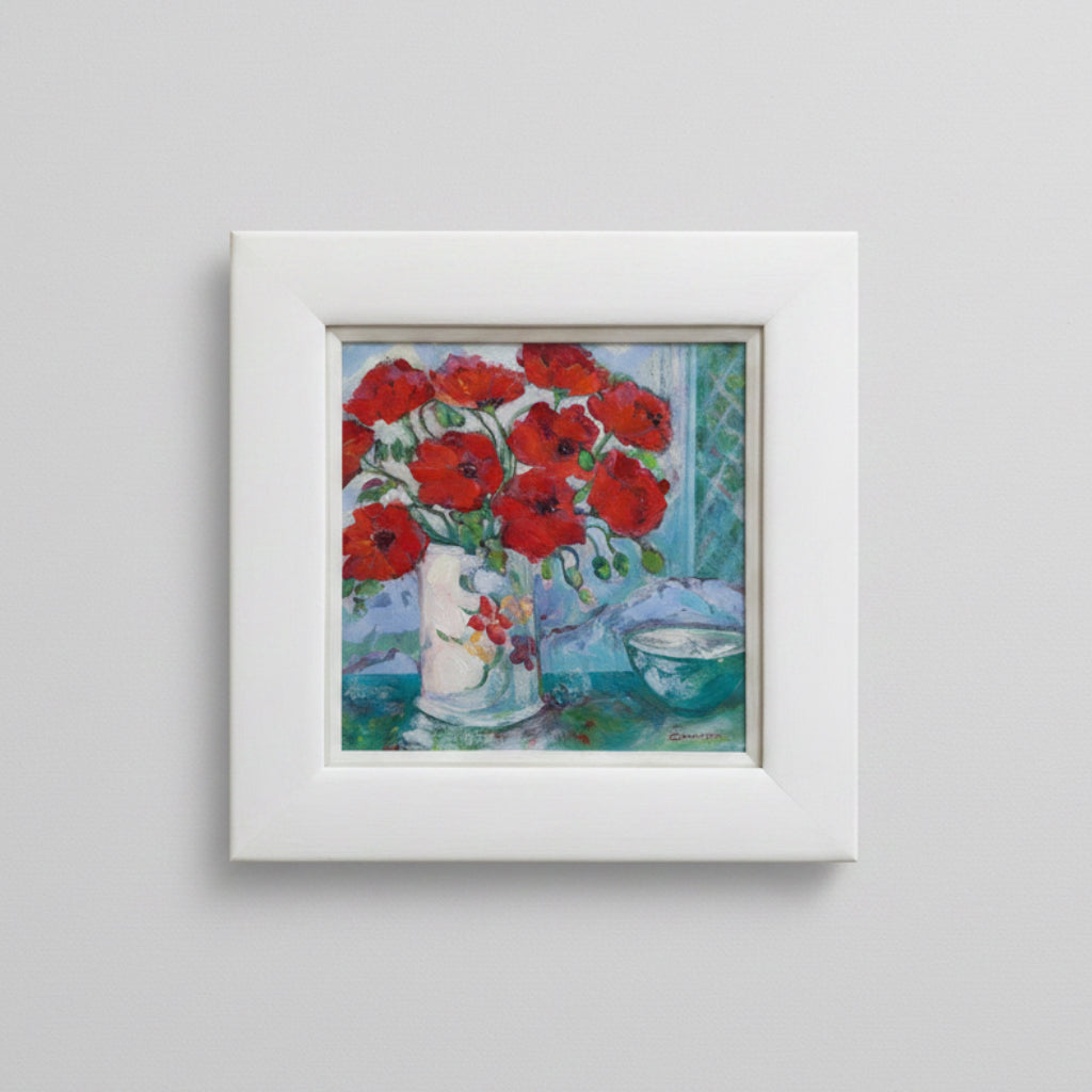 Framed painting of a vase with red flowers on a light gray background