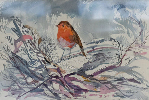Watercolor painting of a robin on a branch with a snowy background