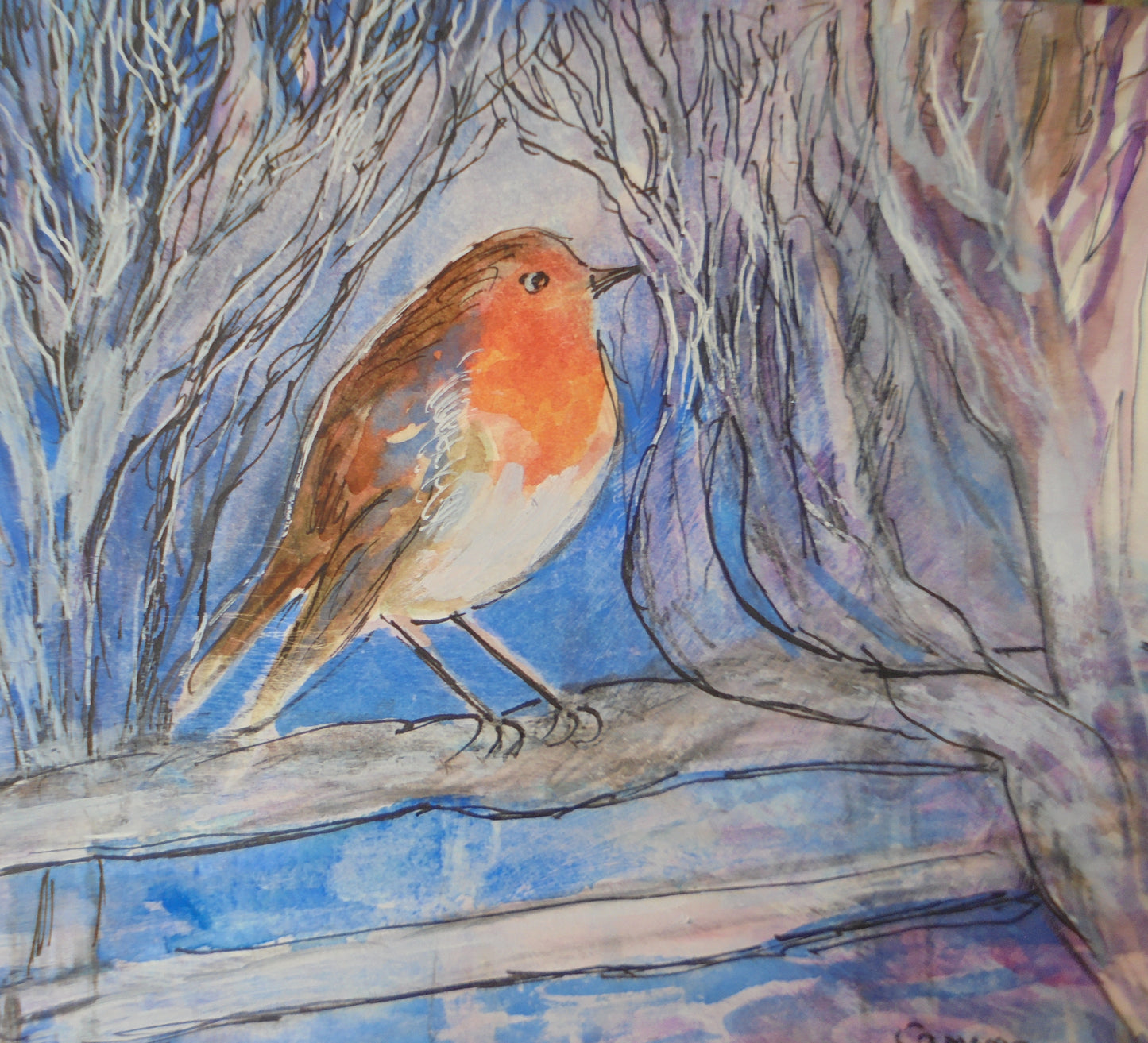 Watercolor painting of a robin on a branch with a blue sky background