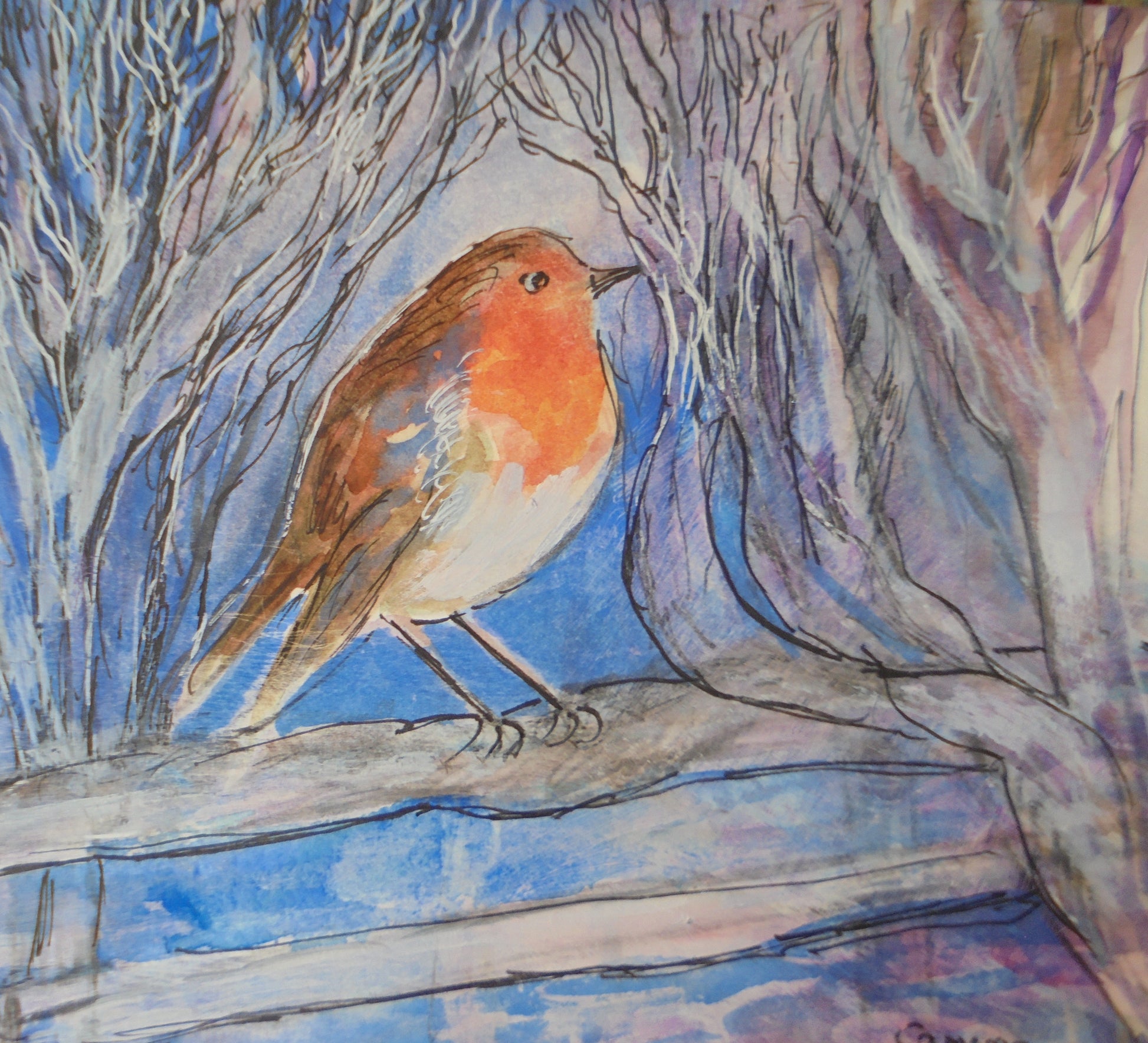 Watercolor painting of a robin on a branch with a blue sky background