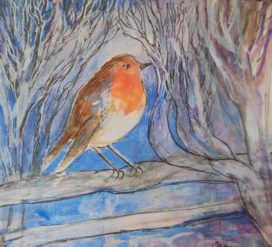 Watercolor painting of a robin on a branch with a blue sky background