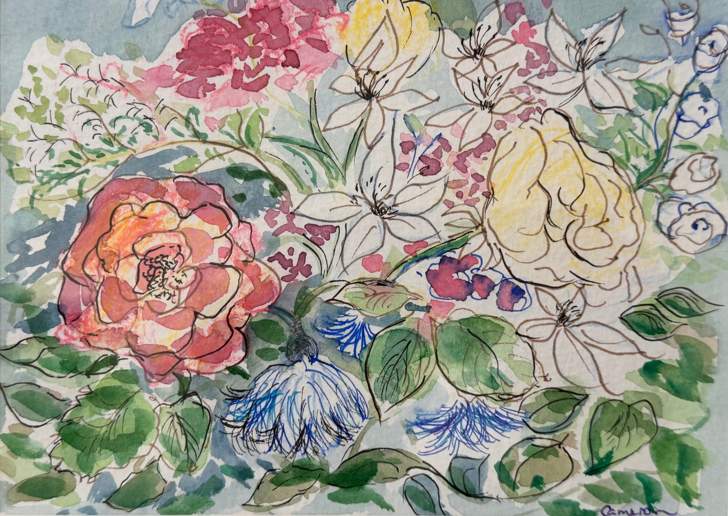 A framed watercolor and ink floral painting featuring a mix of pink, yellow, blue, and white flowers with green leaves on a light blue background.