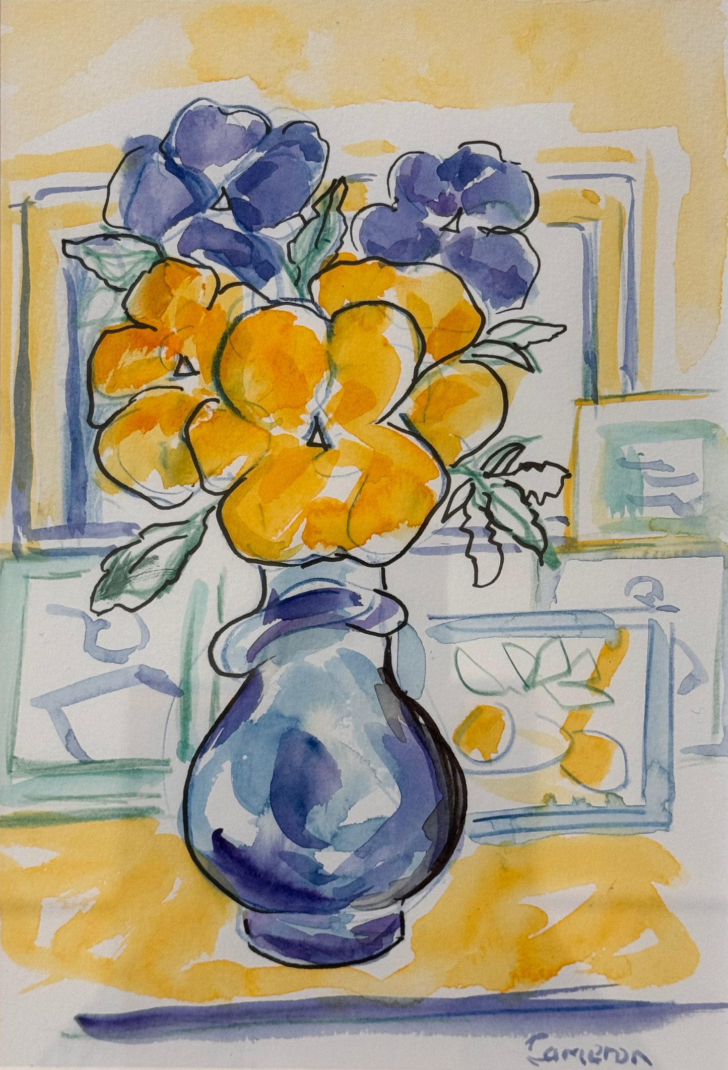 A framed watercolor painting of a blue vase filled with yellow and purple flowers, set against a light background with framed art sketches.