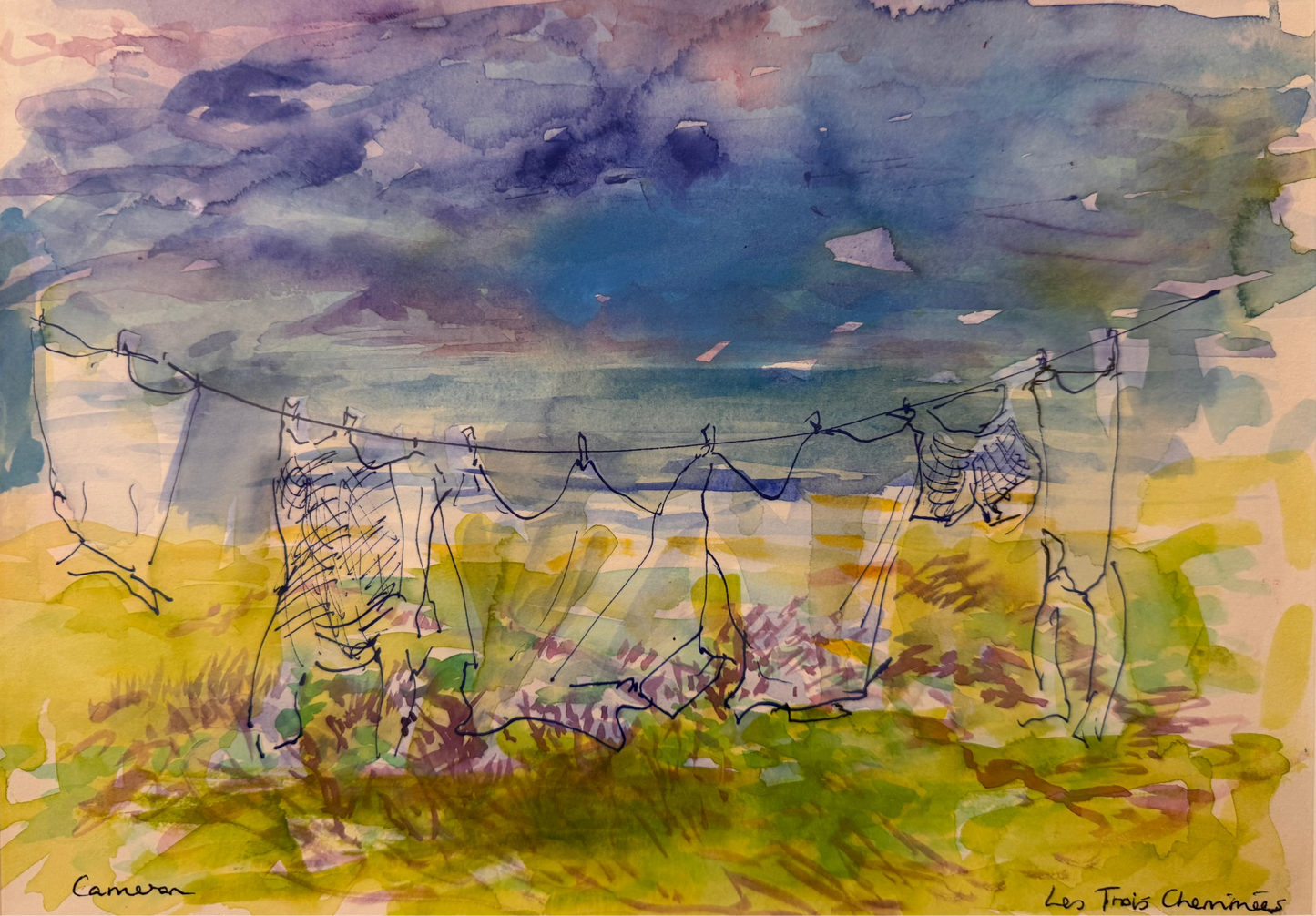 A watercolor painting of laundry hanging on a clothesline outdoors, with a dramatic blue and purple sky and green-yellow grass below. Signed 'Cameron' and 'Les Trois Camions' in the lower corners.