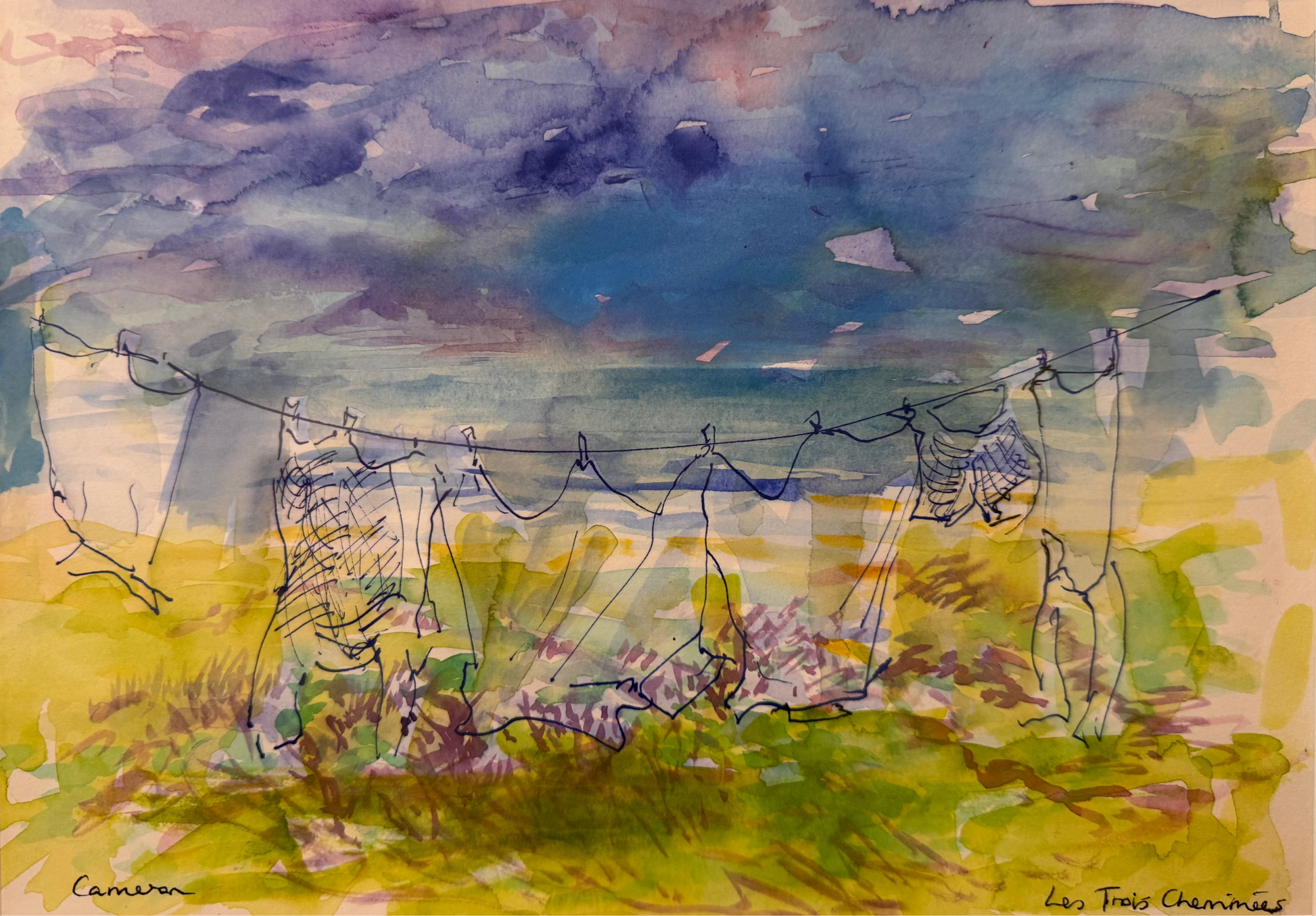 A watercolor painting of laundry hanging on a clothesline outdoors, with a dramatic blue and purple sky and green-yellow grass below. Signed 'Cameron' and 'Les Trois Camions' in the lower corners.
