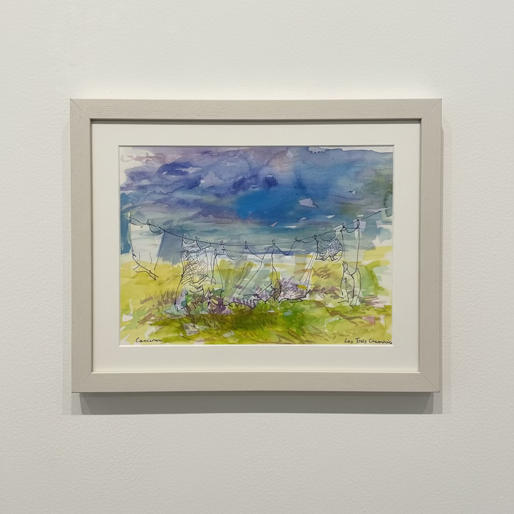 A framed watercolor landscape painting of power lines and grassy fields, displayed on a white pedestal against a textured beige wall.