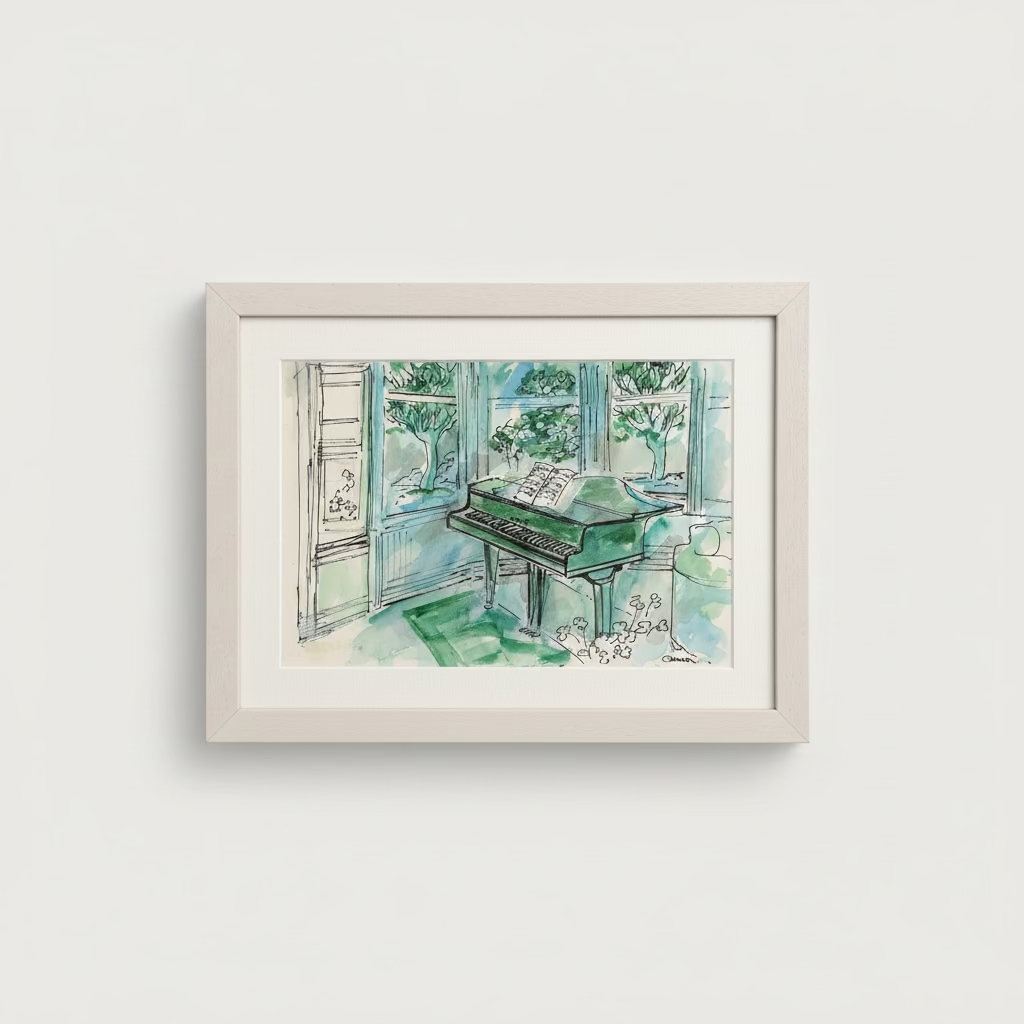 A framed watercolor painting of a piano in a room with windows, displayed on a white surface against a textured beige wall.