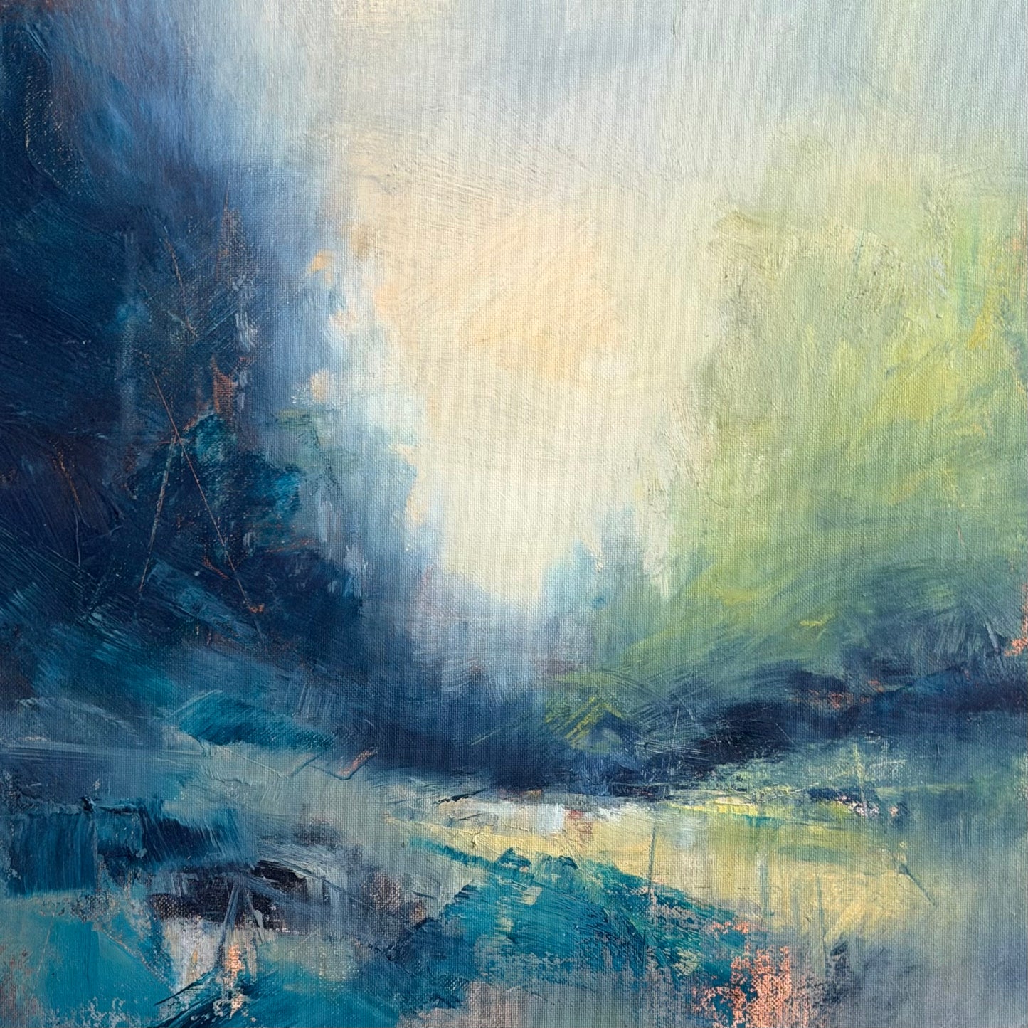 Abstract art with brush strokes in blue, black, and green
