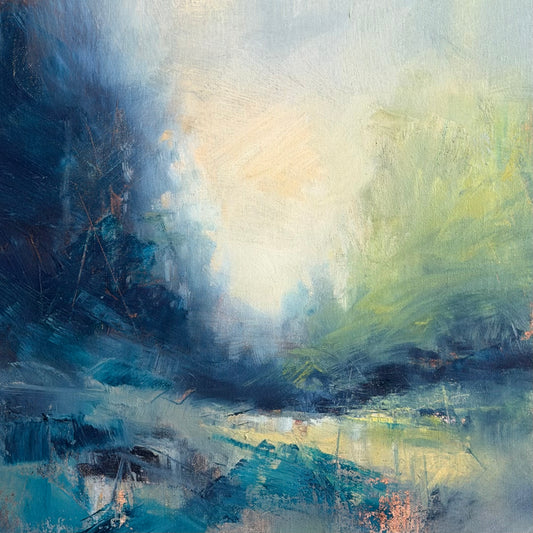 Abstract art with brush strokes in blue, black, and green