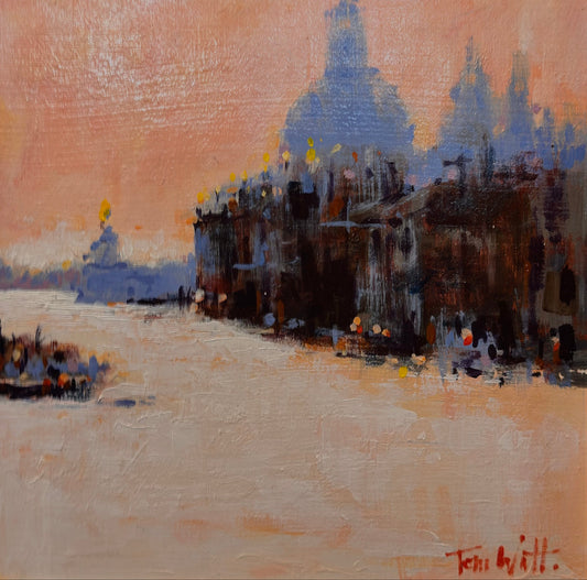 Landscape with Venice Buildings – oil on board by Tom Watt, featuring a landscape scene of Venice, 39x39cm.