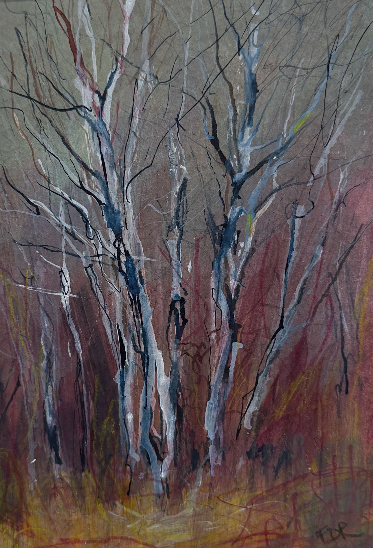 An abstract painting of leafless trees with textured brushstrokes in gray, brown, burgundy, white, and yellow tones.