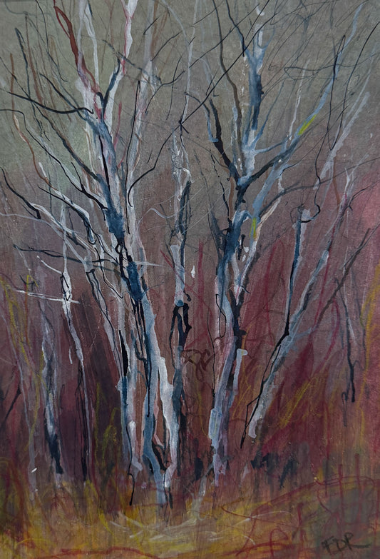 An abstract painting of leafless trees with textured brushstrokes in gray, brown, burgundy, white, and yellow tones.