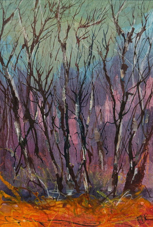 An impressionistic landscape painting of a forest with bare birch-like trees, rendered in black, purple, pink, blue, and orange brushstrokes.
