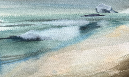 Watercolor painting of a beach scene with soft waves in shades of blue, green, and white, meeting a sandy shore in beige and tan tones.