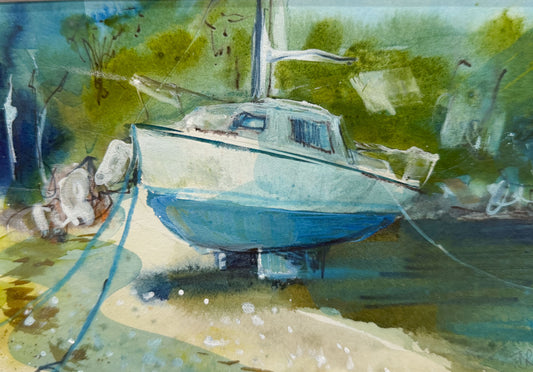 Watercolor painting of a small sailboat on a dock or boat lift, surrounded by green trees and blue water, with ropes attached to the sides.