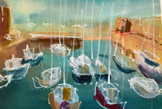 Impressionistic watercolor painting of small boats floating on teal water under a soft green and orange sky, with white chalk-like vertical streaks throughout.
