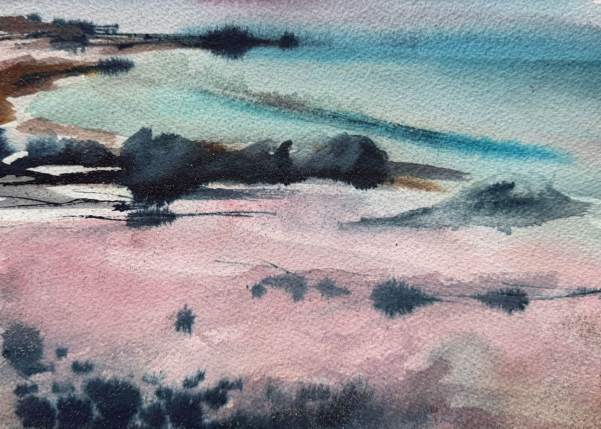Abstract watercolor landscape painting with soft pink foreground, pale aqua water, and dark charcoal tree silhouettes.
