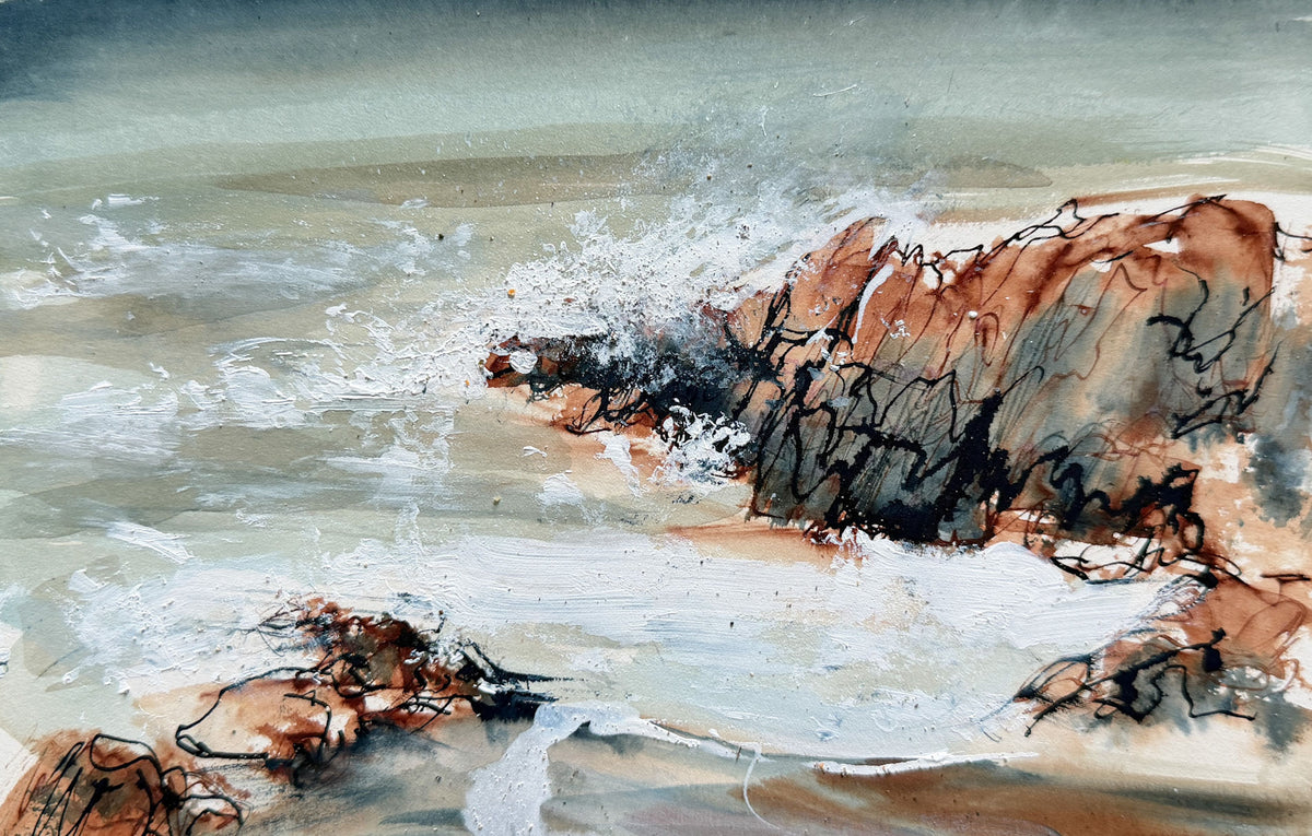 Abstract coastal landscape painting with crashing white waves, brown and black rocky forms, and muted gray-green water under a pale sky.