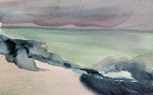 Watercolor landscape painting of a coastal scene with a pale green sea, dark blue-gray shoreline, and a muted mauve-gray sky.