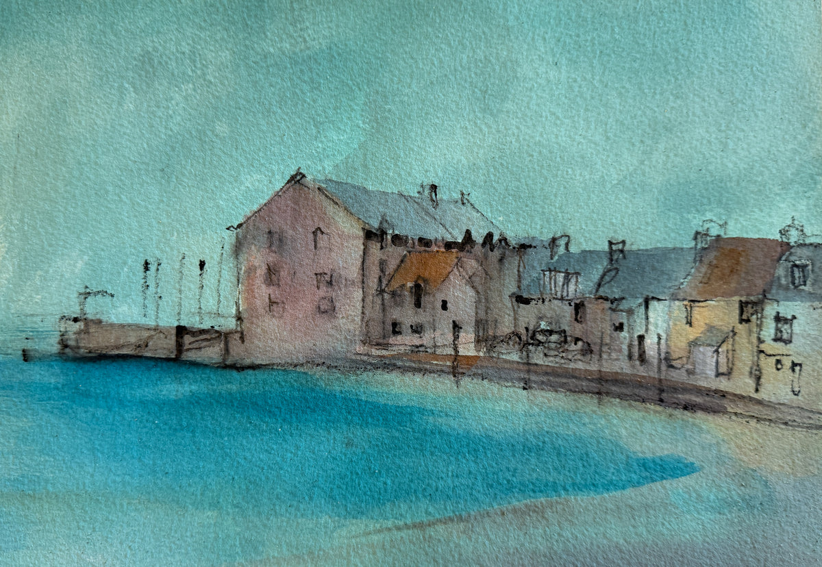 Watercolor painting of a coastal town with pastel buildings, a pier, and bright blue water under a soft teal sky.