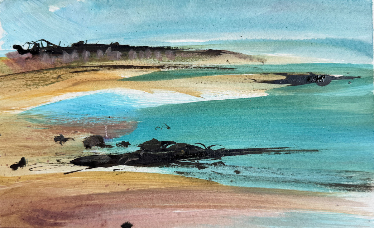 Abstract landscape painting featuring a sandy beach, turquoise water, dark shoreline forms, and a pale blue sky, rendered in expressive brushstrokes.