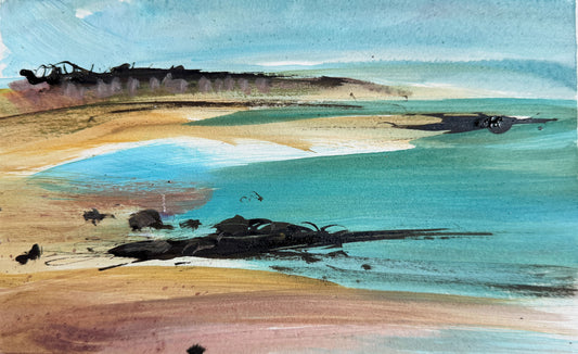 Abstract landscape painting featuring a sandy beach, turquoise water, dark shoreline forms, and a pale blue sky, rendered in expressive brushstrokes.