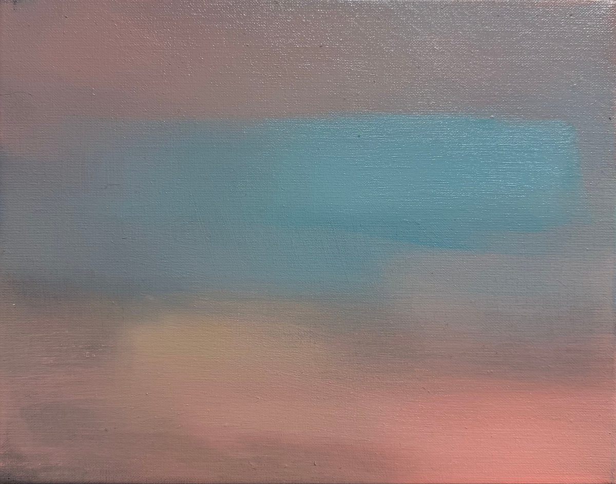 A square framed abstract painting with soft horizontal brushstrokes in muted blue, pink, gray, and beige tones, mounted on a textured off-white wall.