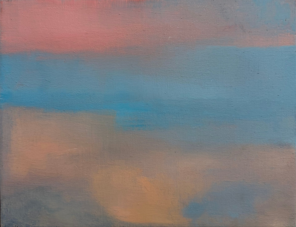 An abstract landscape painting in a white wooden frame, featuring horizontal bands of dusty pink, light blue, and warm tan tones.