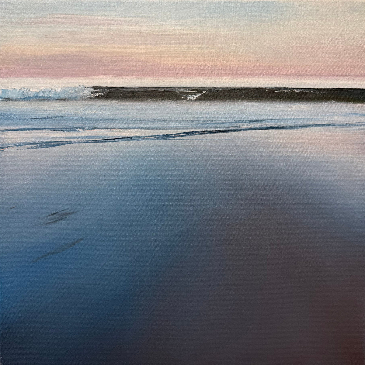 A square painting of a calm beach seascape at dusk or dawn, with soft pink and blue sky, gentle waves, and reflective wet sand in muted blue, gray, and brown tones.