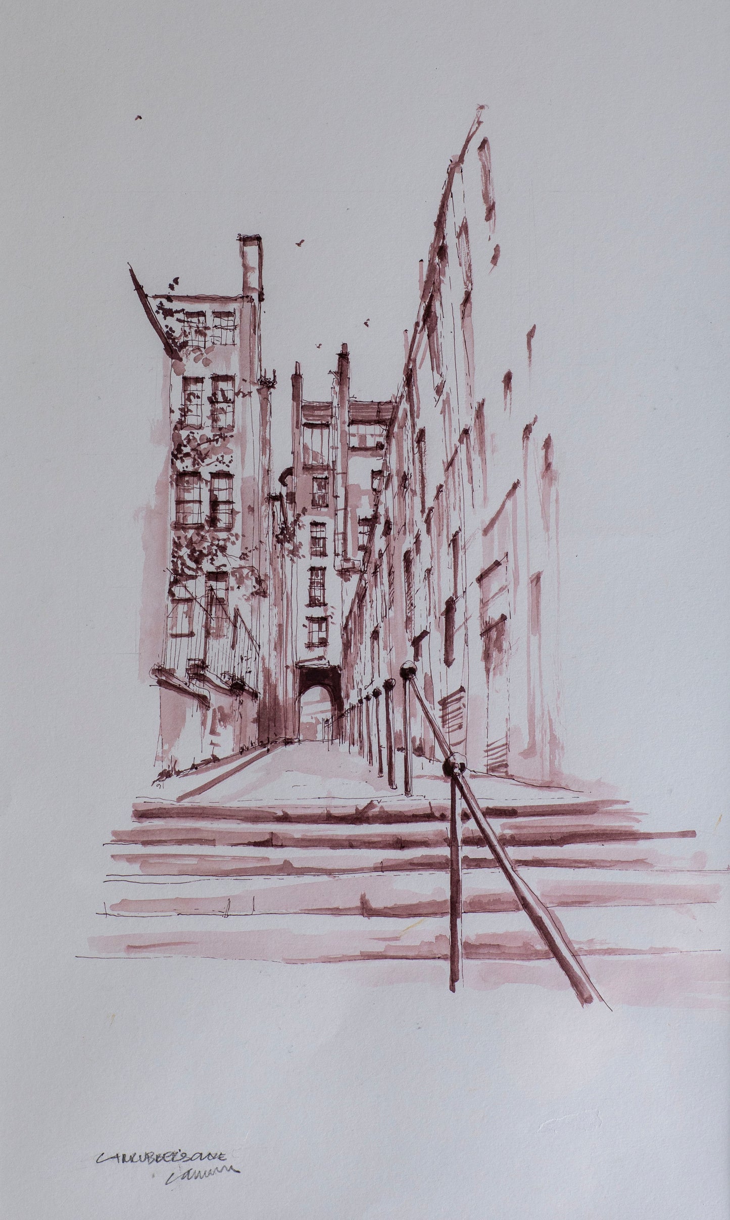 A minimalist architectural sketch of a building rendered in reddish-brown ink or paint on a white background, with a small handwritten signature in the upper left.