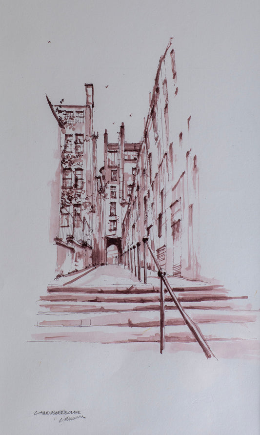 A minimalist architectural sketch of a building rendered in reddish-brown ink or paint on a white background, with a small handwritten signature in the upper left.