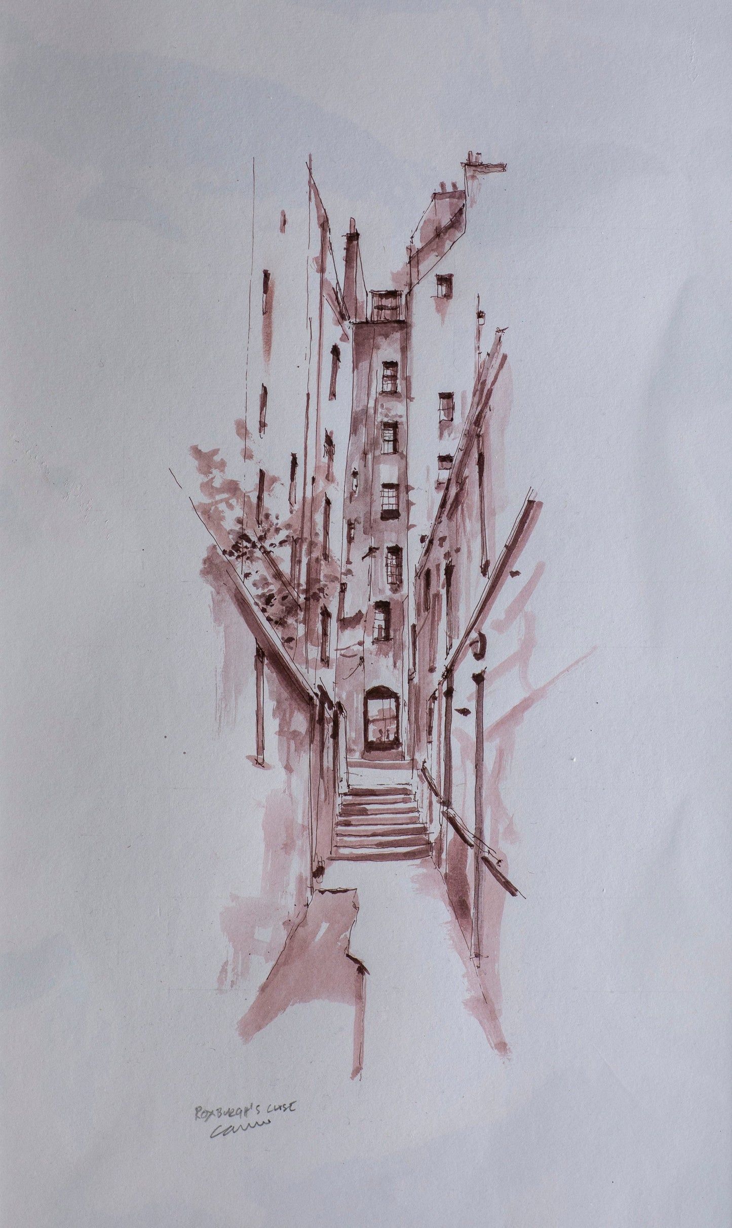 A minimalist ink sketch of a building or structure, rendered in reddish-brown ink on a white paper background.