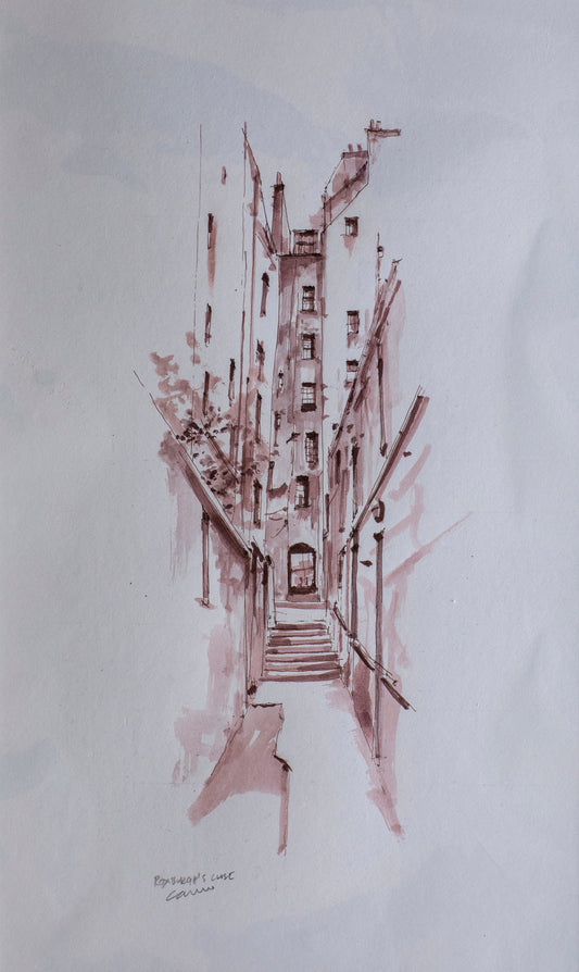 A minimalist ink sketch of a building or structure, rendered in reddish-brown ink on a white paper background.