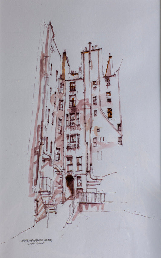 An architectural sketch or floor plan drawing on white paper, rendered in reddish-brown and black ink lines.