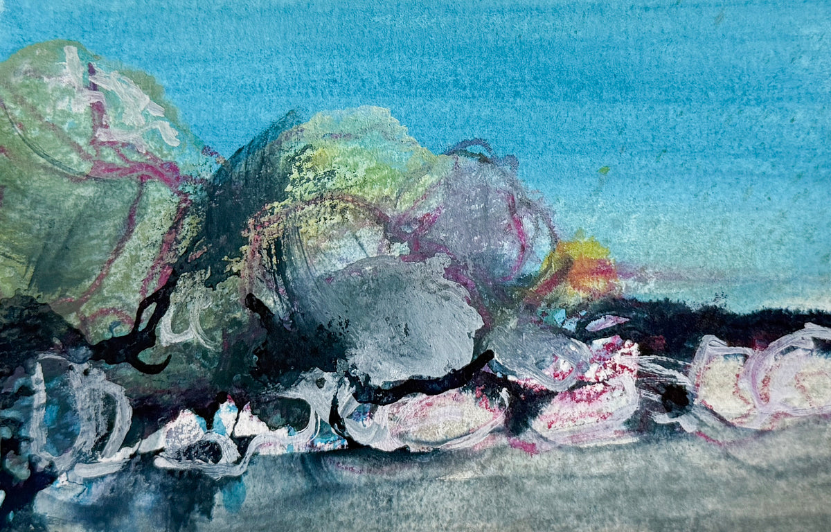 Abstract landscape painting featuring textured blue sky, green and gray hills, and white and pink coastal shells along the shoreline.