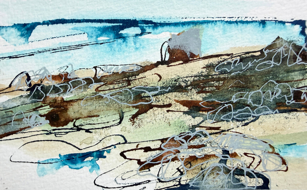 Abstract watercolor landscape painting with blue water, beige and brown sand-like forms, and white sketchy linework across the canvas.