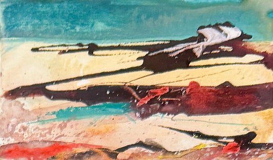 An abstract landscape painting featuring textured brushstrokes of teal blue, sandy beige, deep red, black, and white, depicting stylized hills and a sky.