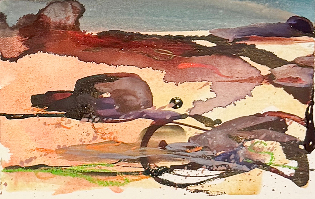 Abstract watercolor painting with sweeping brushstrokes in dusty pink, mauve, burgundy, purple, black, and soft blue-green tones.