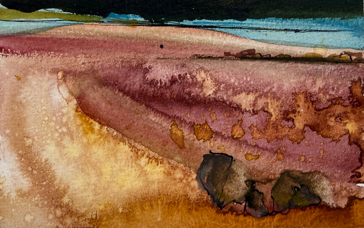 Abstract landscape watercolor painting featuring textured layers of dusty rose, ochre, brown, and dark navy tones.
